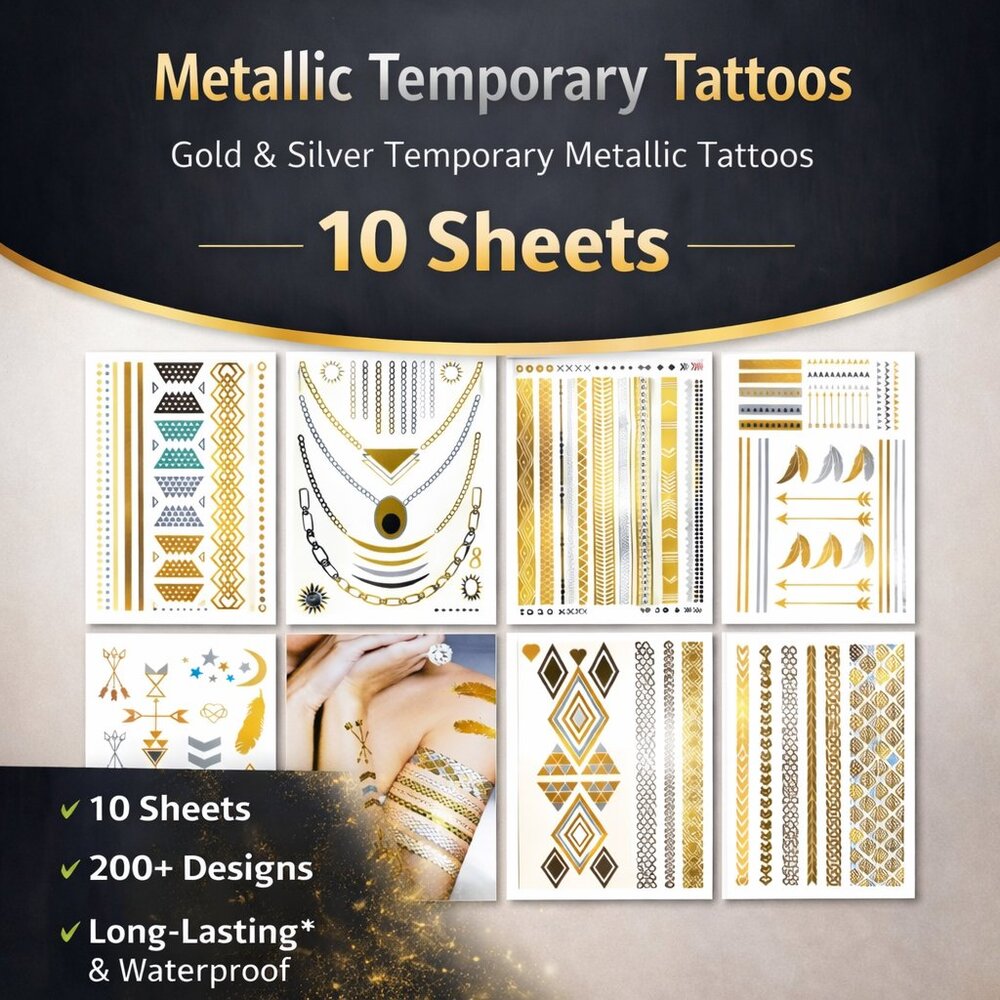 Gold & Silver Temporary Metallic Tattoos, over 200+ Designs